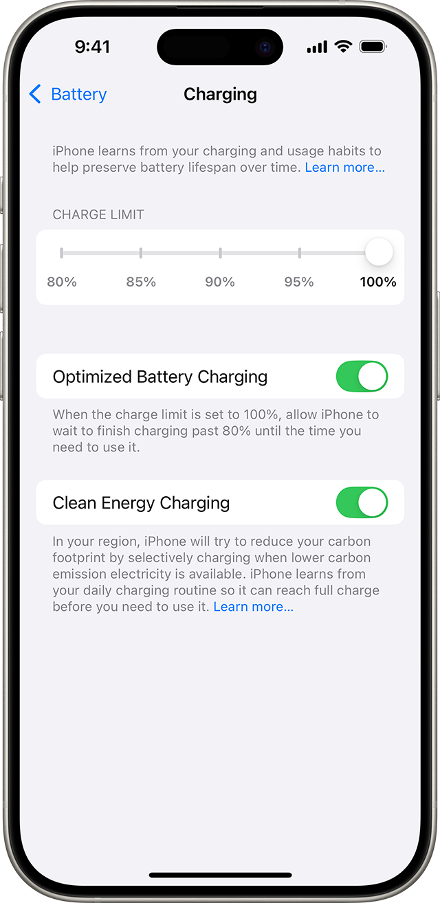 Apple iPhone Optimized Battery Charging settings screen